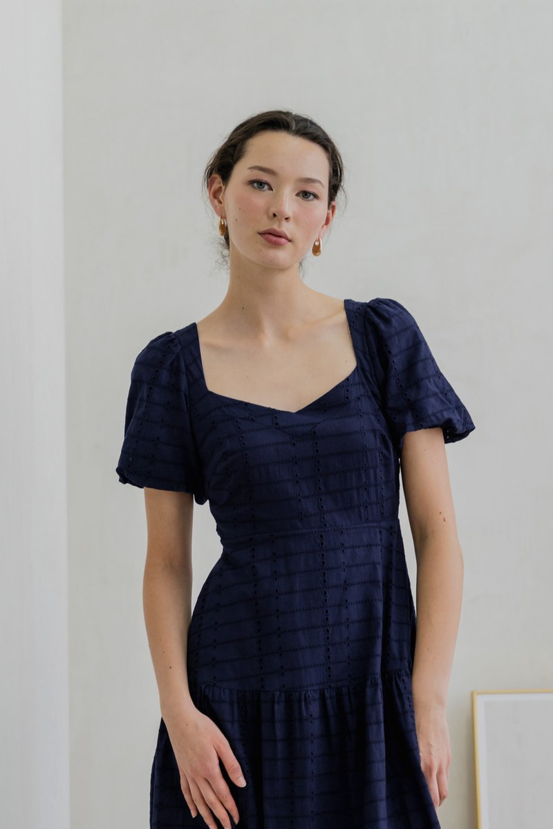 Esther Eyelet Puffed Sleeve Maxi Dress In Navy (XS)