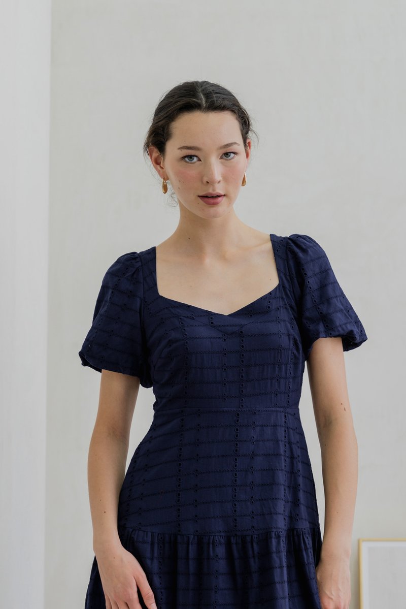Esther Eyelet Puffed Sleeve Maxi Dress In Navy (XS)
