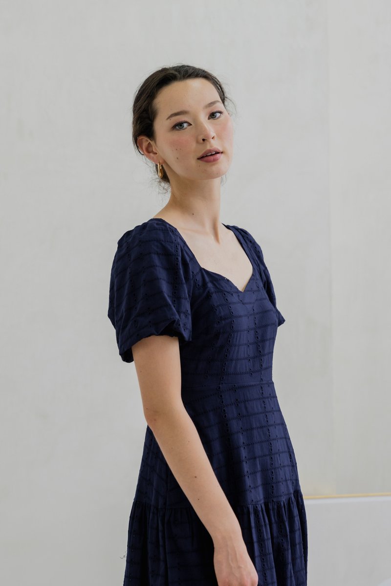 Esther Eyelet Puffed Sleeve Maxi Dress In Navy (XS)