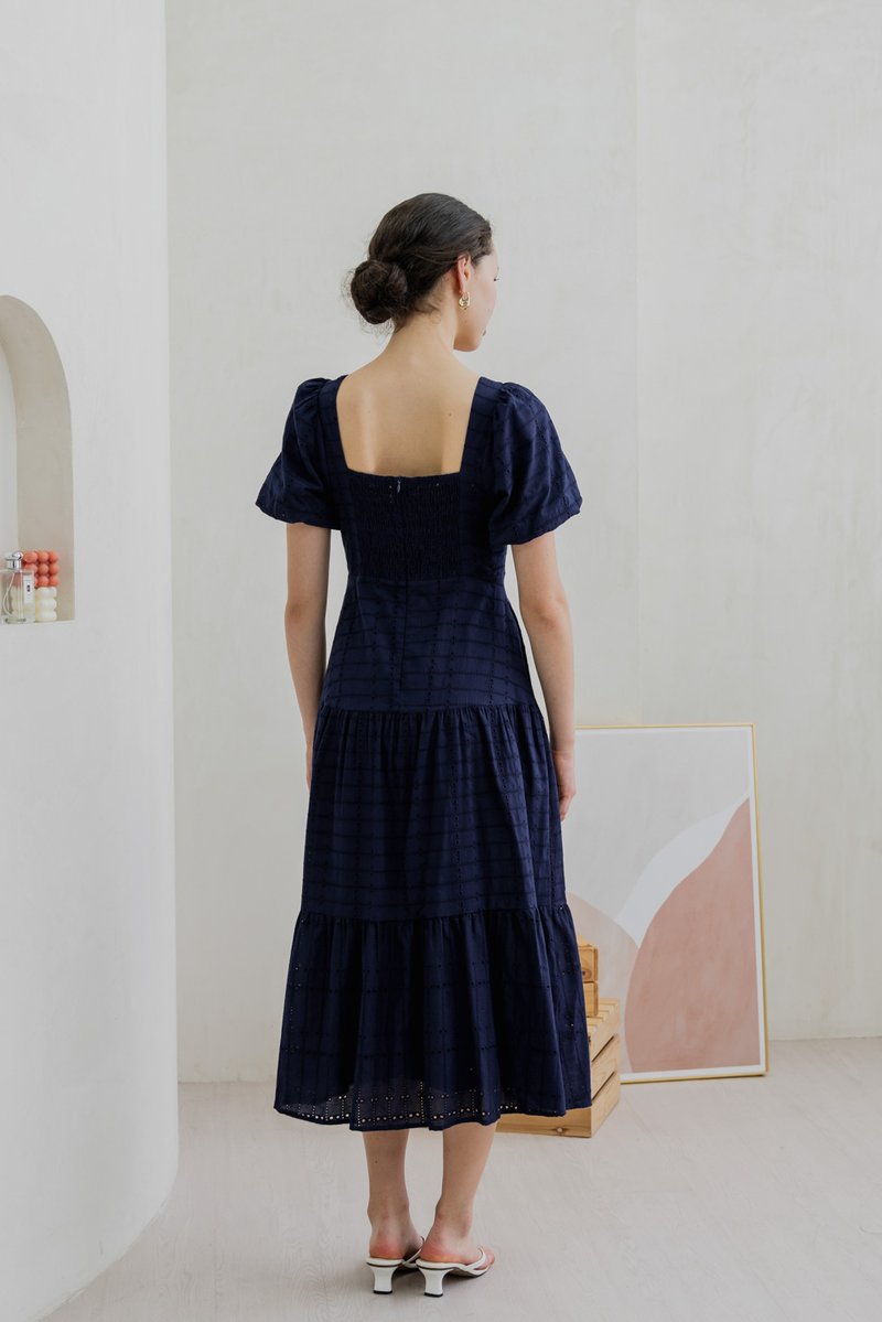 Esther Eyelet Puffed Sleeve Maxi Dress In Navy (XS)