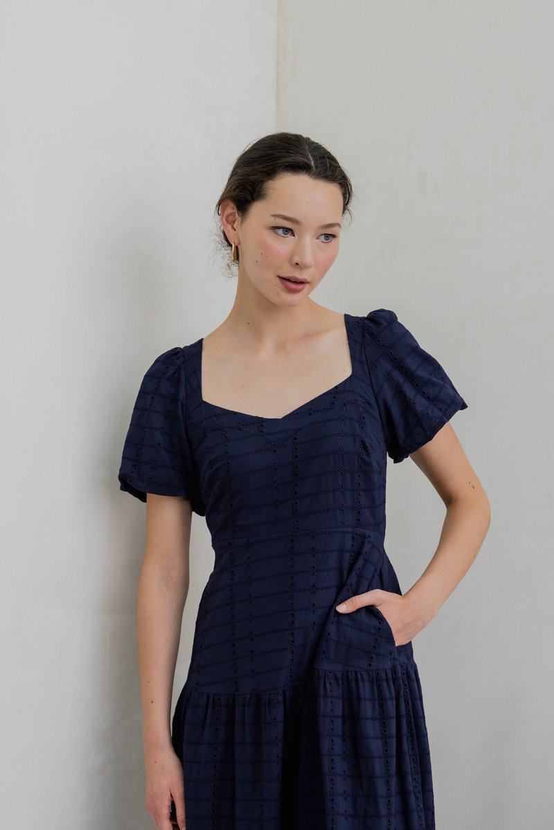 Esther Eyelet Puffed Sleeve Maxi Dress In Navy (XS)