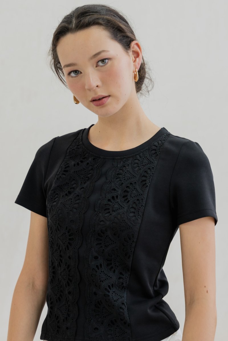 Cybill Crochet Cotton Top In Black