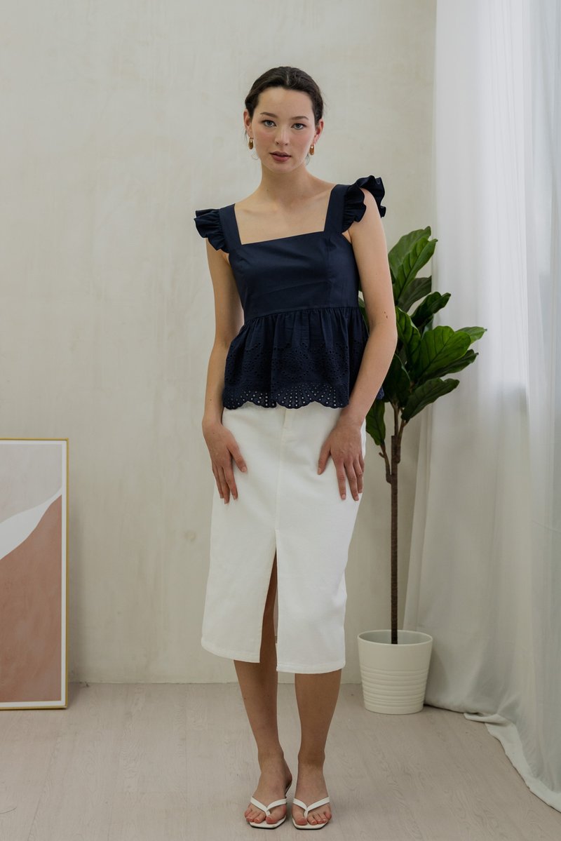 Belinda Eyelet Hem Babydoll Top In Navy