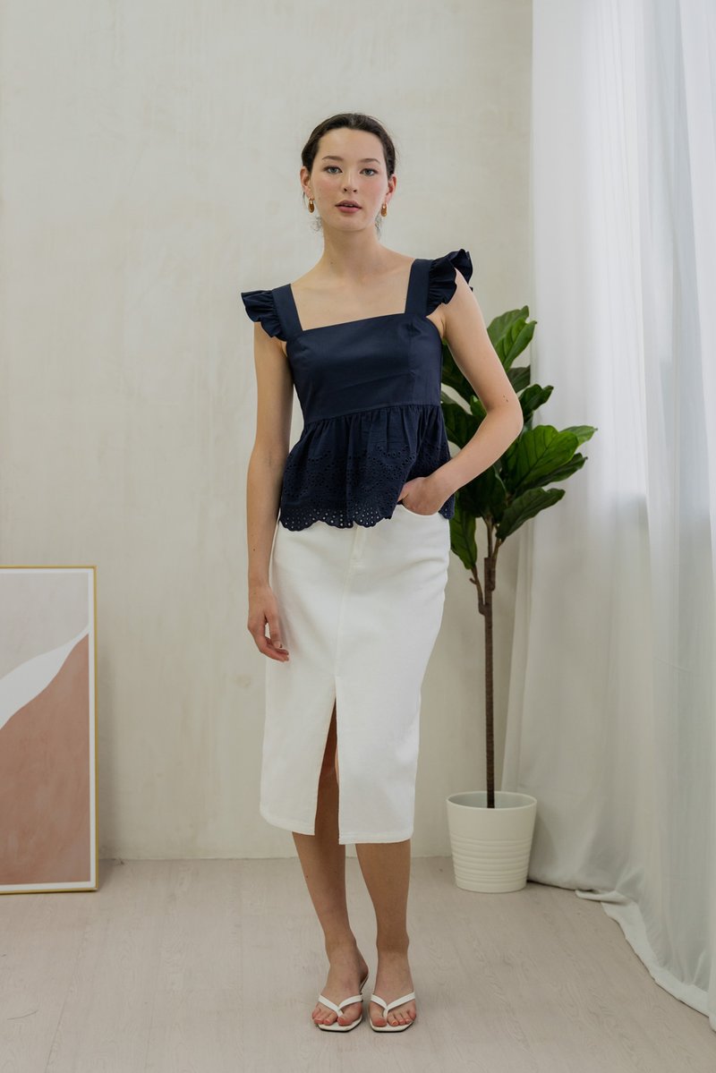 Belinda Eyelet Hem Babydoll Top In Navy