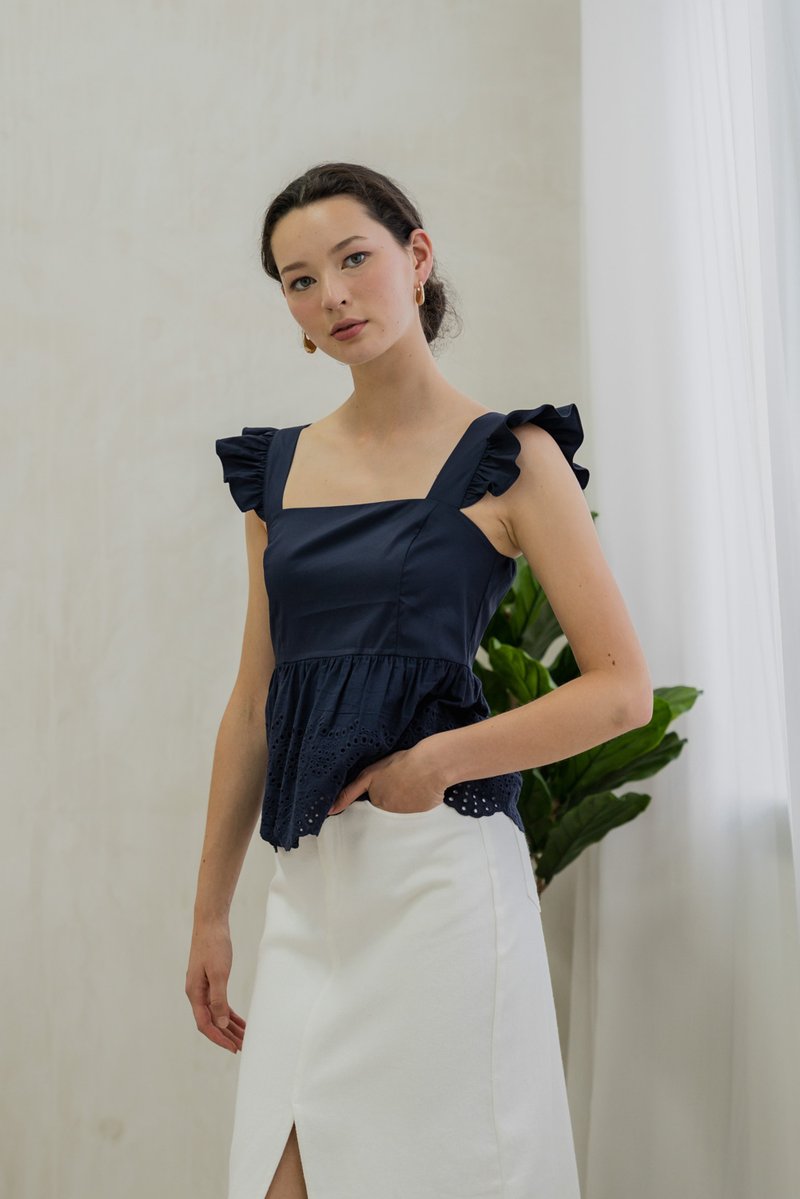 Belinda Eyelet Hem Babydoll Top In Navy
