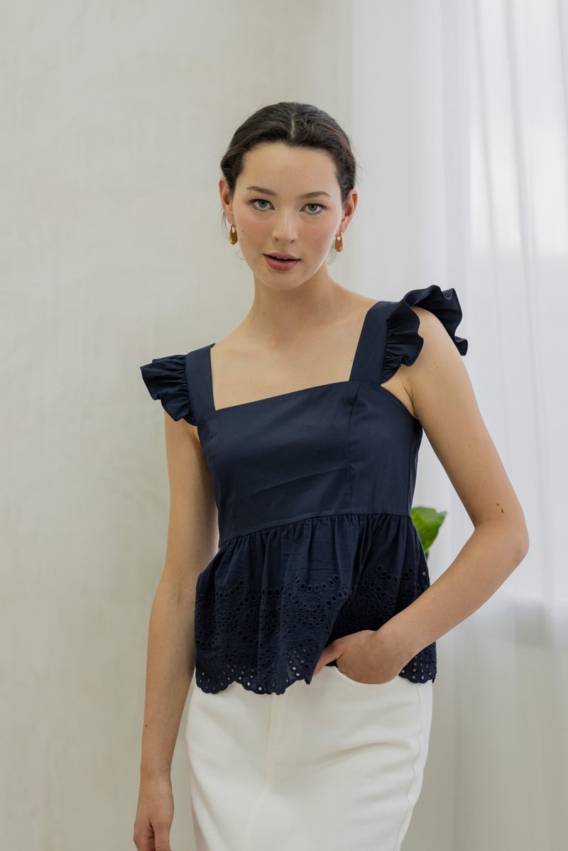 Belinda Eyelet Hem Babydoll Top In Navy
