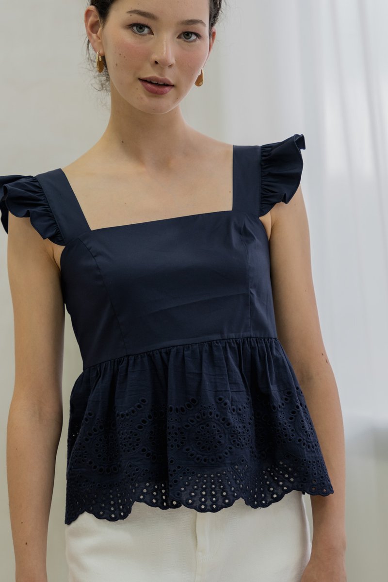 Belinda Eyelet Hem Babydoll Top In Navy
