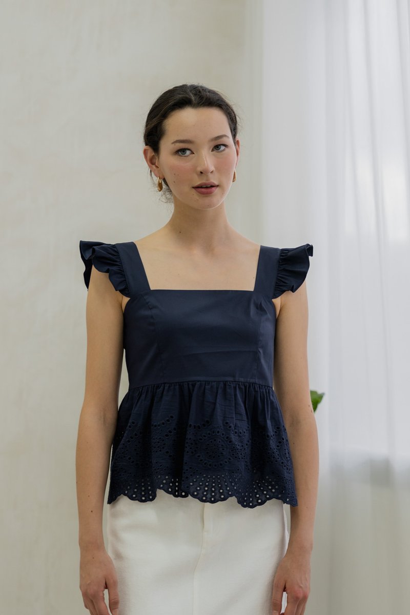 Belinda Eyelet Hem Babydoll Top In Navy
