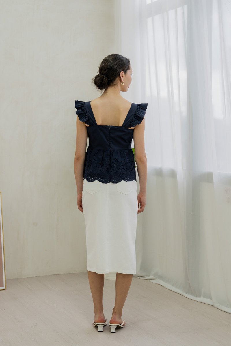 Belinda Eyelet Hem Babydoll Top In Navy