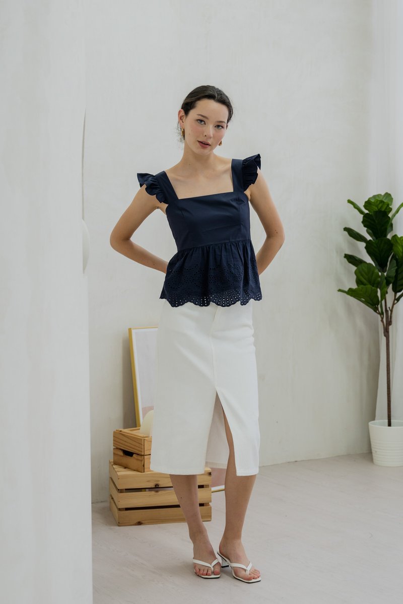 Belinda Eyelet Hem Babydoll Top In Navy
