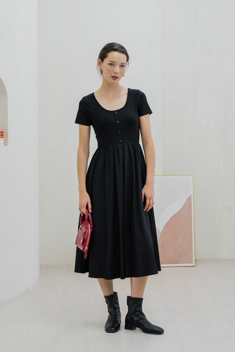 Merliah Mixed Fabric Button Midi Dress In Black (XS)
