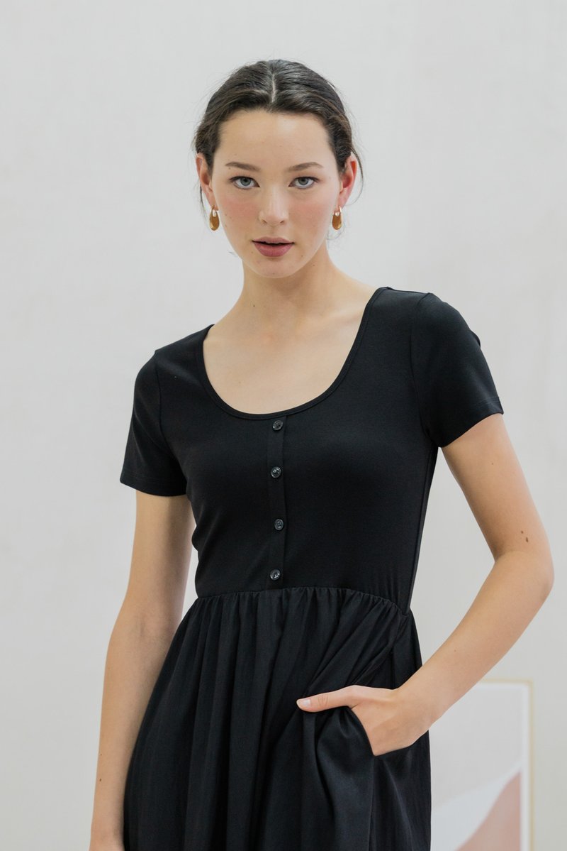 Merliah Mixed Fabric Button Midi Dress In Black (XS)
