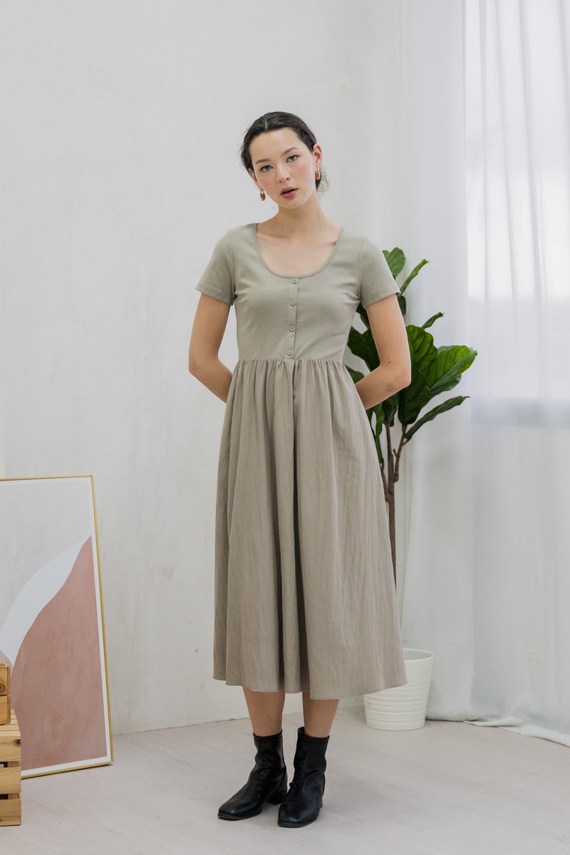Merliah Mixed Fabric Button Midi Dress In Dusty Olive (XS)