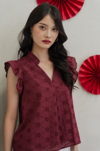 Mei Mandarin Collar Eyelet Top In Wine (XS)