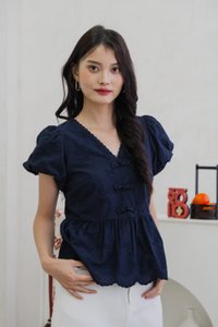 Rosa Ribbon Cheongsam Top In Navy (XS)