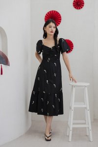 Tinker Tulip Embroidery Midi Dress In Black (XS)