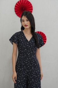 Floretta Printed Flare Sleeves Jumpsuit In Black (XS)