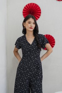 Floretta Printed Flare Sleeves Jumpsuit In Black (XS)
