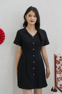 Bronya Ribbon Button Embroidery Dress In Black (XS)