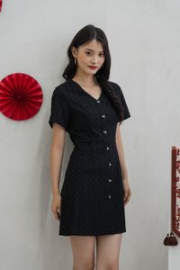 Bronya Ribbon Button Embroidery Dress In Black (XS)