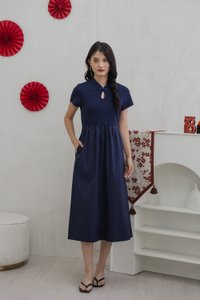 Morgan Mixed Fabric Qipao Dress In Navy