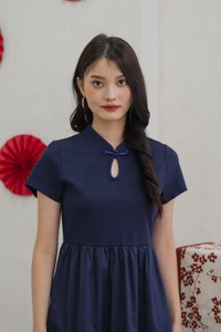 Morgan Mixed Fabric Qipao Dress In Navy