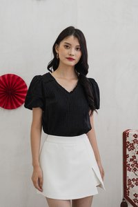 Persimmon Eyelet Sleeve Pintuck Top In Black