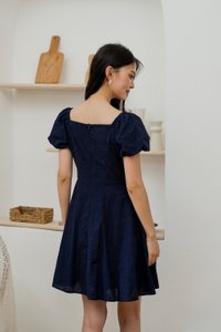 Dazzle Floral Embroidery Puff Sleeve Dress In Navy