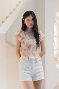 Ramona Ruffle Sleeve Smocked Top In Cream