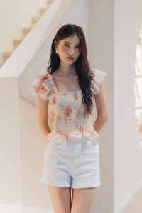 Ramona Ruffle Sleeve Smocked Top In Cream
