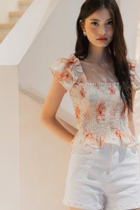 Ramona Ruffle Sleeve Smocked Top In Cream