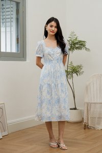 Emerie Porcelain Smocked Waist Midi Dress In Blue (XS)