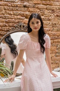 Endria Eyelet Ruched Midi Dress In Pink (XS)