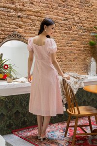 Endria Eyelet Ruched Midi Dress In Pink (XS)