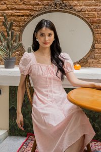 Endria Eyelet Ruched Midi Dress In Pink (XS)