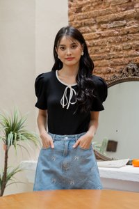Rebec Ribbonette Ribbed Cotton Top In Black (XS)