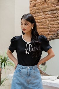 Rebec Ribbonette Ribbed Cotton Top In Black (XS)