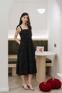 Spenser Eyelet Tiered Midi Dress In Black (XS)