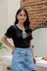 Rebec Ribbonette Ribbed Cotton Top In Black (XS)