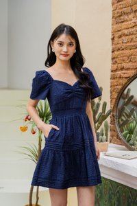 Winfrey Embroidered Smocked Waist Dress In Navy