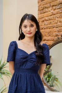 Winfrey Embroidered Smocked Waist Dress In Navy