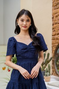 Winfrey Embroidered Smocked Waist Dress In Navy
