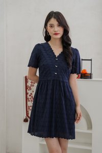 Elaine Ribbon Button Eyelet Dress In Navy (XS)