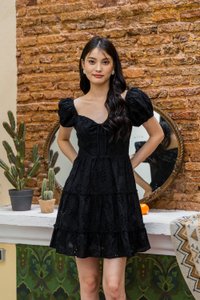Pepper Ribbonette Puff Sleeve Tiered Dress In Black