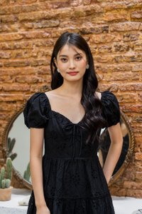 Pepper Ribbonette Puff Sleeve Tiered Dress In Black