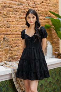 Pepper Ribbonette Puff Sleeve Tiered Dress In Black