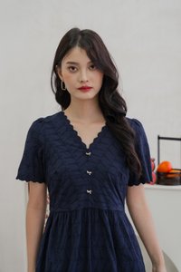 Elaine Ribbon Button Eyelet Dress In Navy (XS)