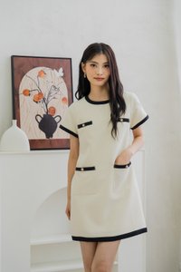 Prida Pearl Button Contrast Dress In Cream (XS)