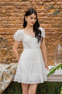 Pepper Ribbonette Puff Sleeve Tiered Dress In White (XS)
