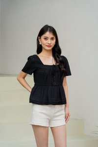 Tatum Textured Ribbonette Square Neck Top In Black (XS)